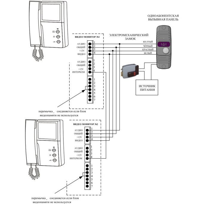 Схема подключения видеодомофона с электромеханическим замком и контроллером