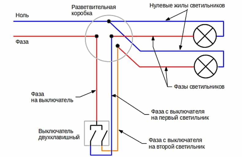 Схема подключения двухклавишного выключателя, монтаж, советы