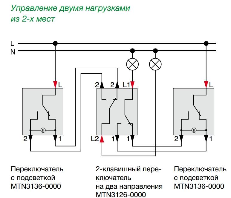 Схема подключения проходного одноклавишного выключателя